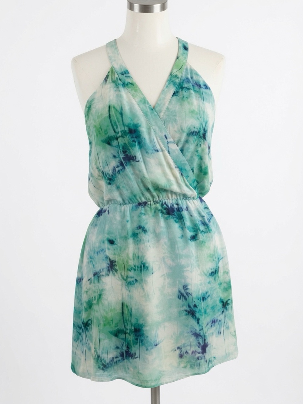 PARKER Teal and Navy Tie-Dye Wrap Halter Mini Dress